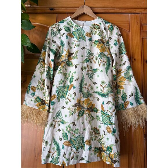 Antonio Melani White Floral Linen Dress, Feather Cuff Detail, Size 4 - Picture 3 of 12